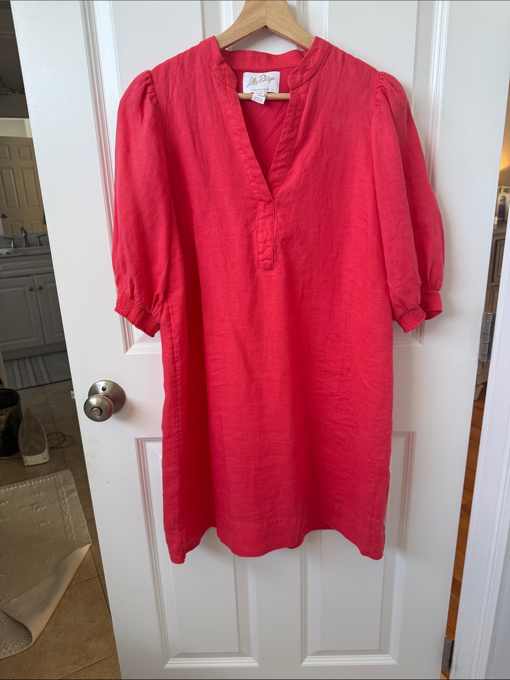 Lilly Pulitzer Coral-Red V-Neck Puff Sleeve Linen Tunic